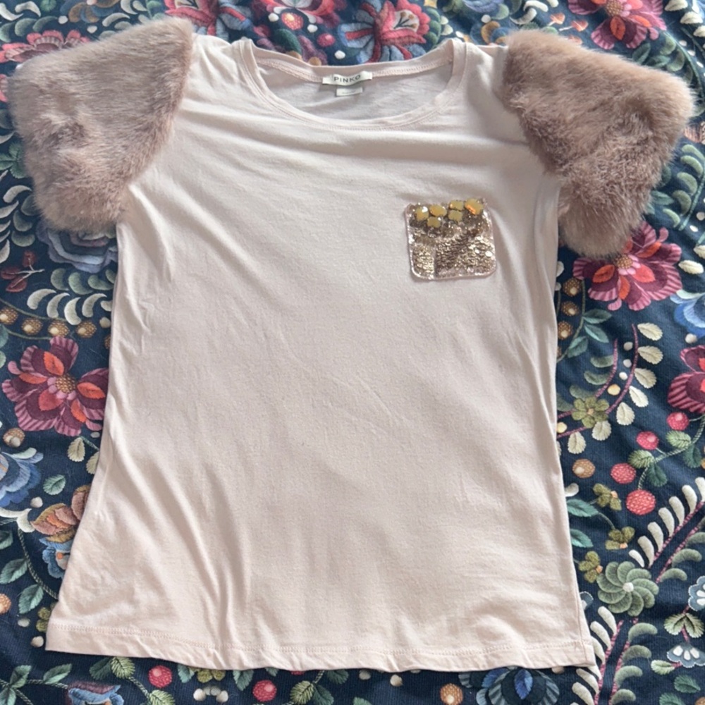 Pinko Pink Tee with Faux Fur Sleeves